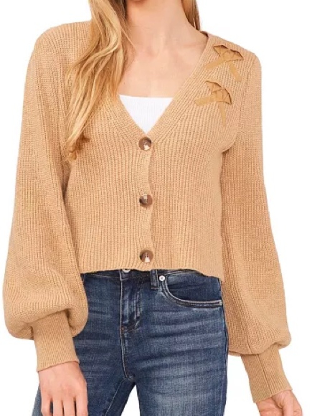 CeCe Camel Bishop Sleeve Bow Cardigan  Sweater Size S Small